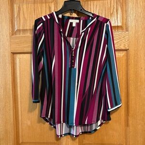 Dana Buchman Women's Medium M - 3/4 Sleeve V-Neck Tunic Blouse Vibrant Stripes